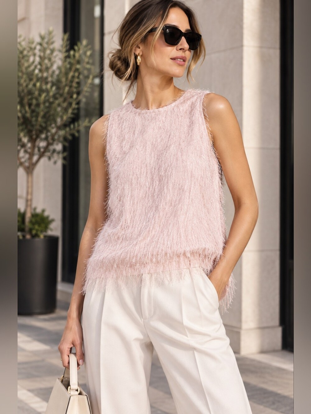 NWOT Zara Basic Soft Pink FRINGE Sleeveless TOP